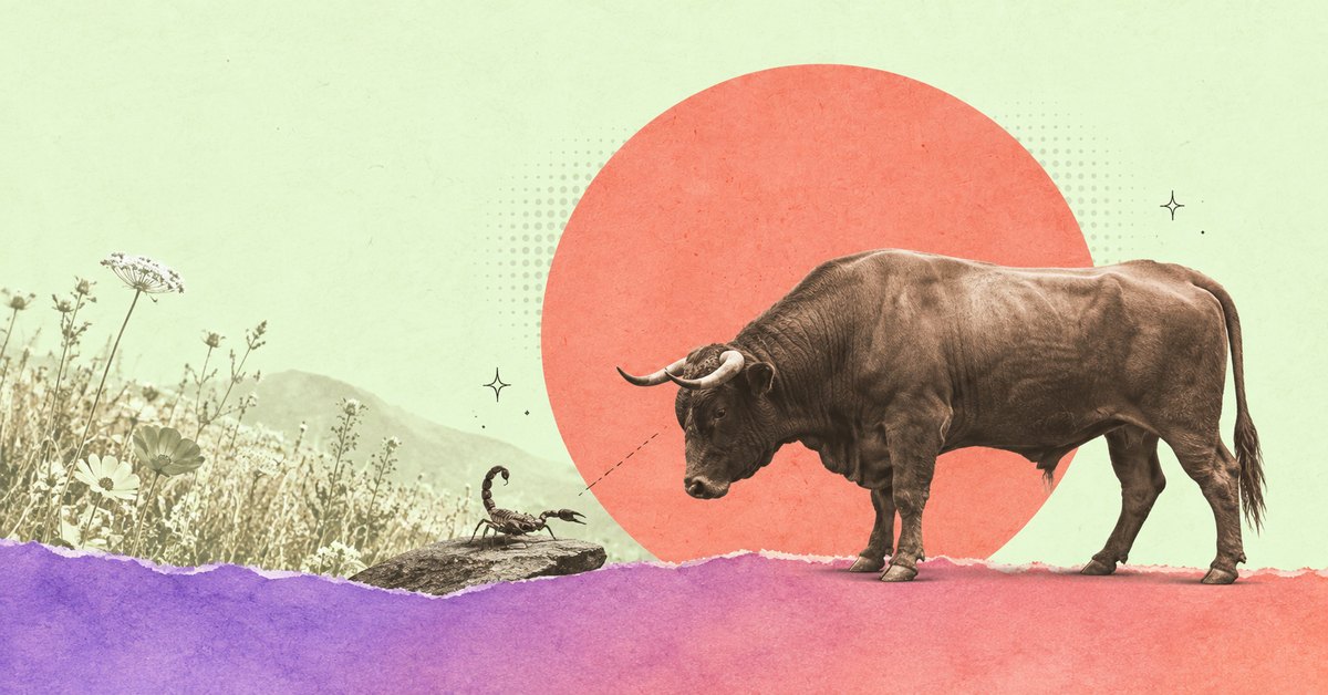 Paper collage of a bull and a small scorpion on a stone facing each other across a wildflower meadow, with a coral moon on a pale lime background