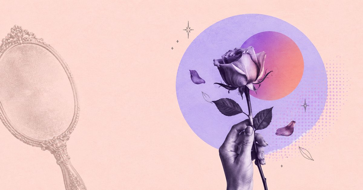 A hand holding a single violet rose in front of a lavender and coral glow, with falling petals and a faded hand mirror on a pale coral background