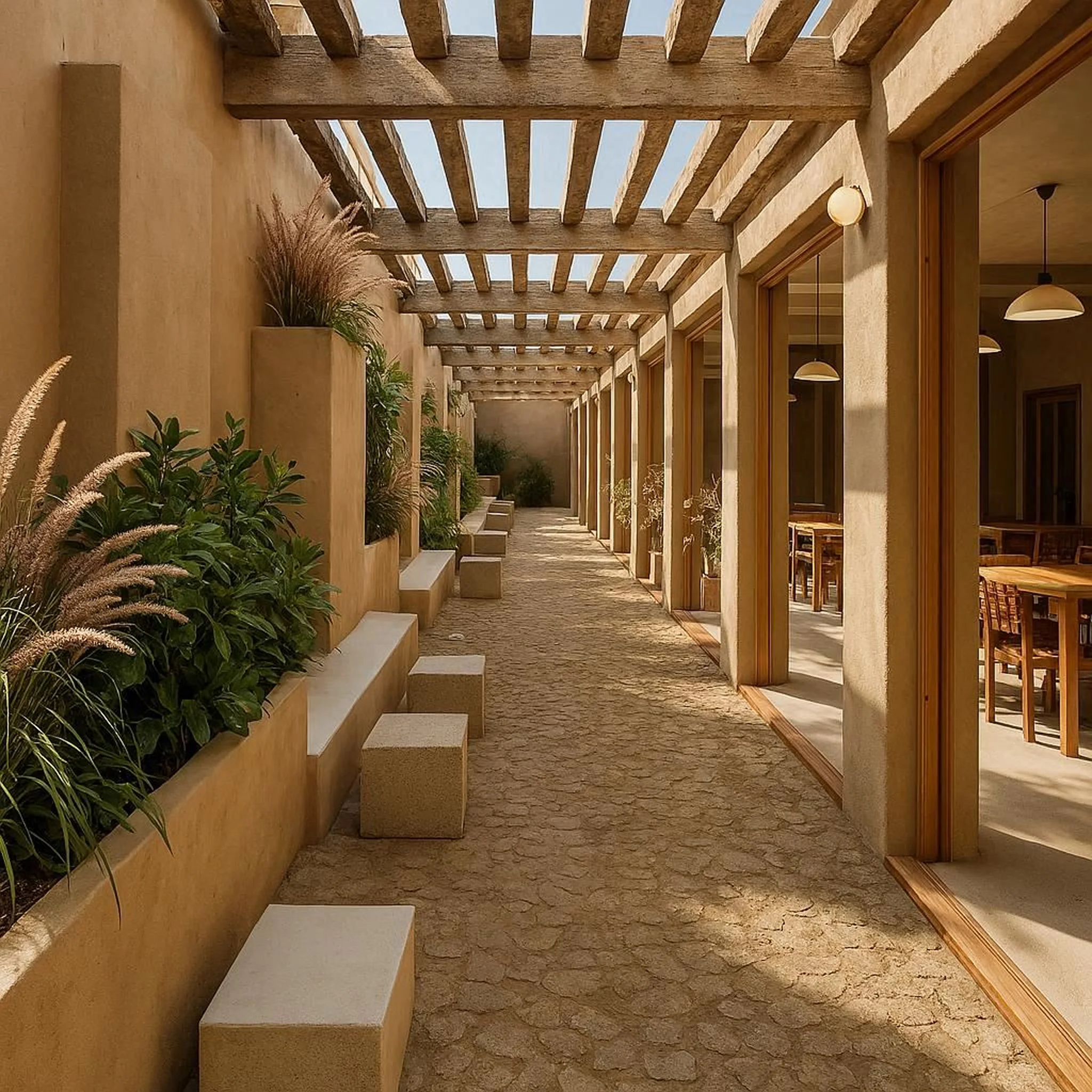 Pasillo exterior con suelo de piedra, jardineras con plantas verdes, bancos y techo con vigas de madera que proyectan sombra.