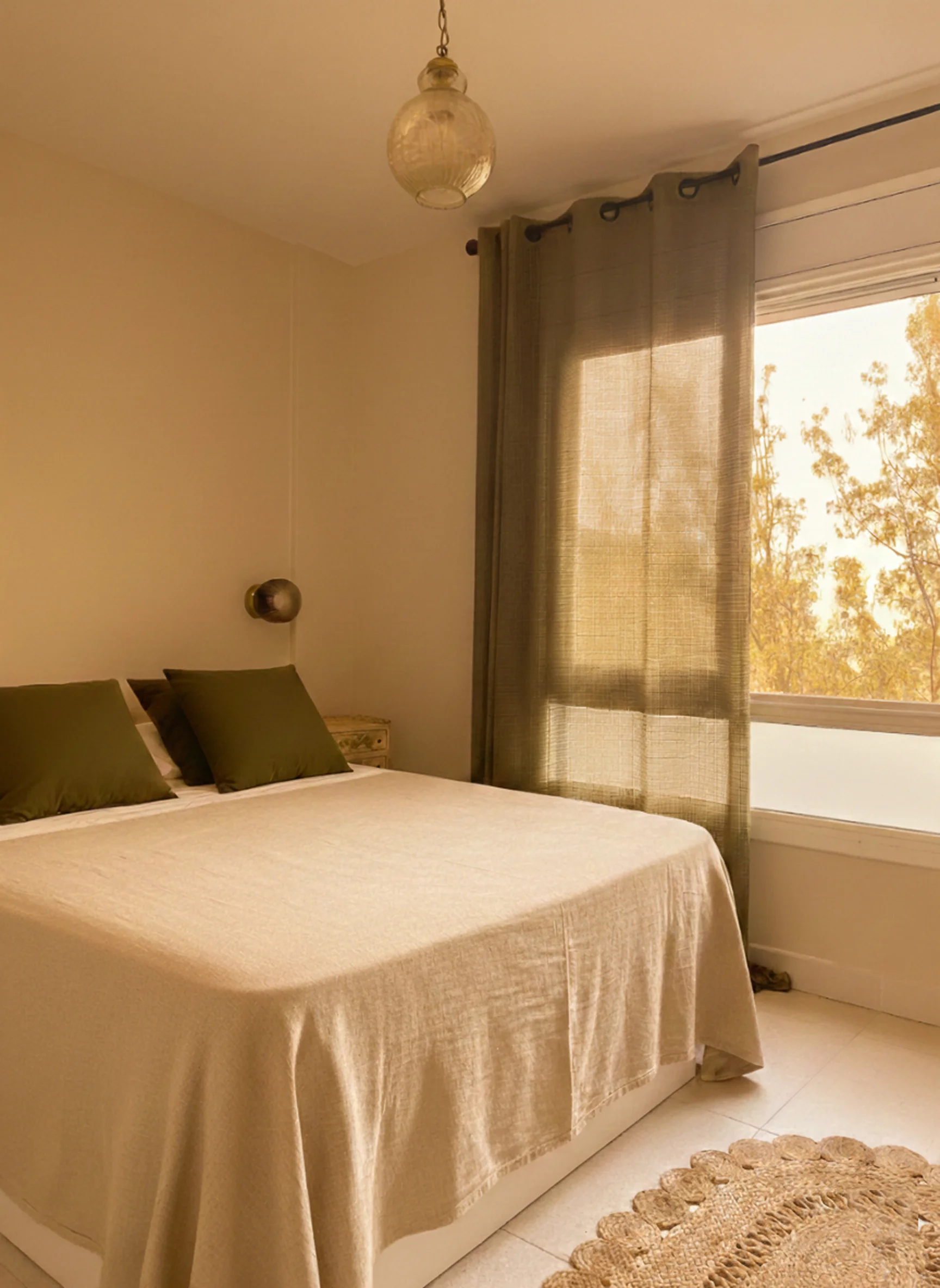 Dormitorio iluminado con cama grande de sábanas beige, dos cojines verdes, cortina oscura y alfombra tejida.