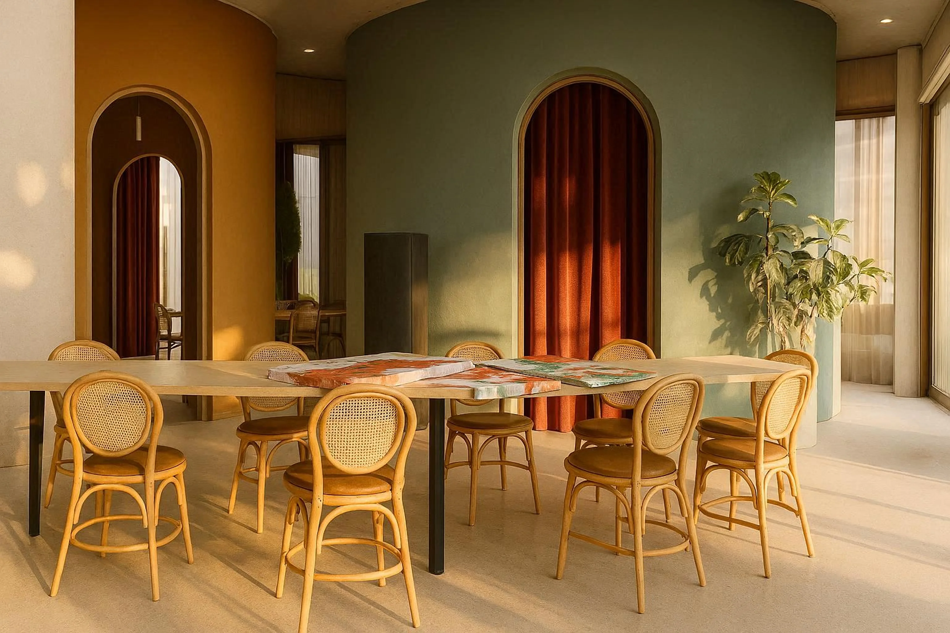 Mesa de madera clara con ocho sillas de ratán en una habitación luminosa con paredes curvas en colores mostaza y verde, plantas y cortinas rojas.