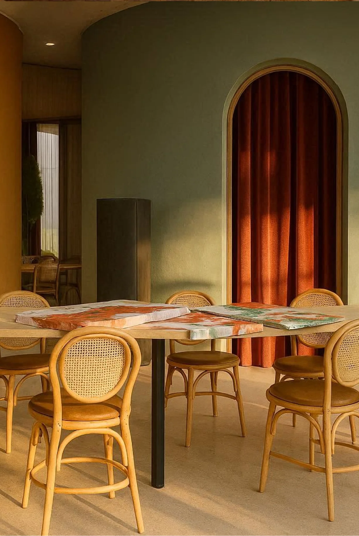 Sala de reunión con mesa de madera clara, seis sillas con respaldo tejido y cortina roja en arco de pared verde.