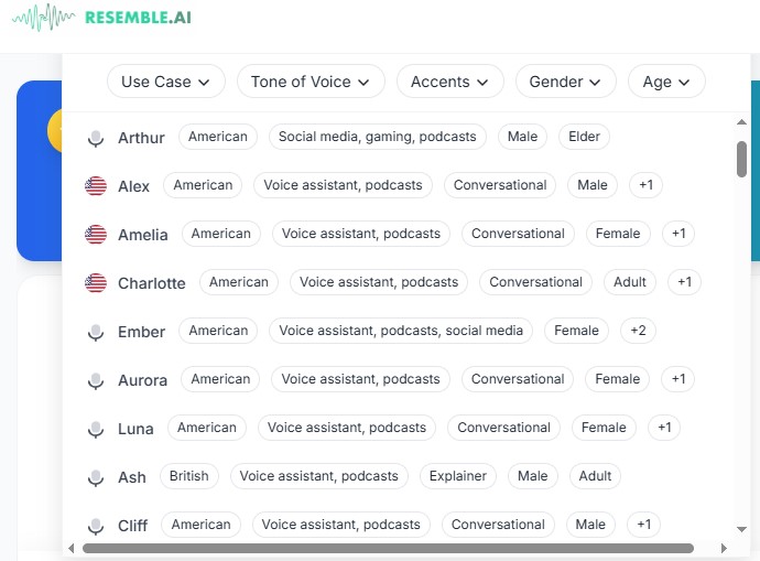 Browse and select a female voice from Resemble's voice library