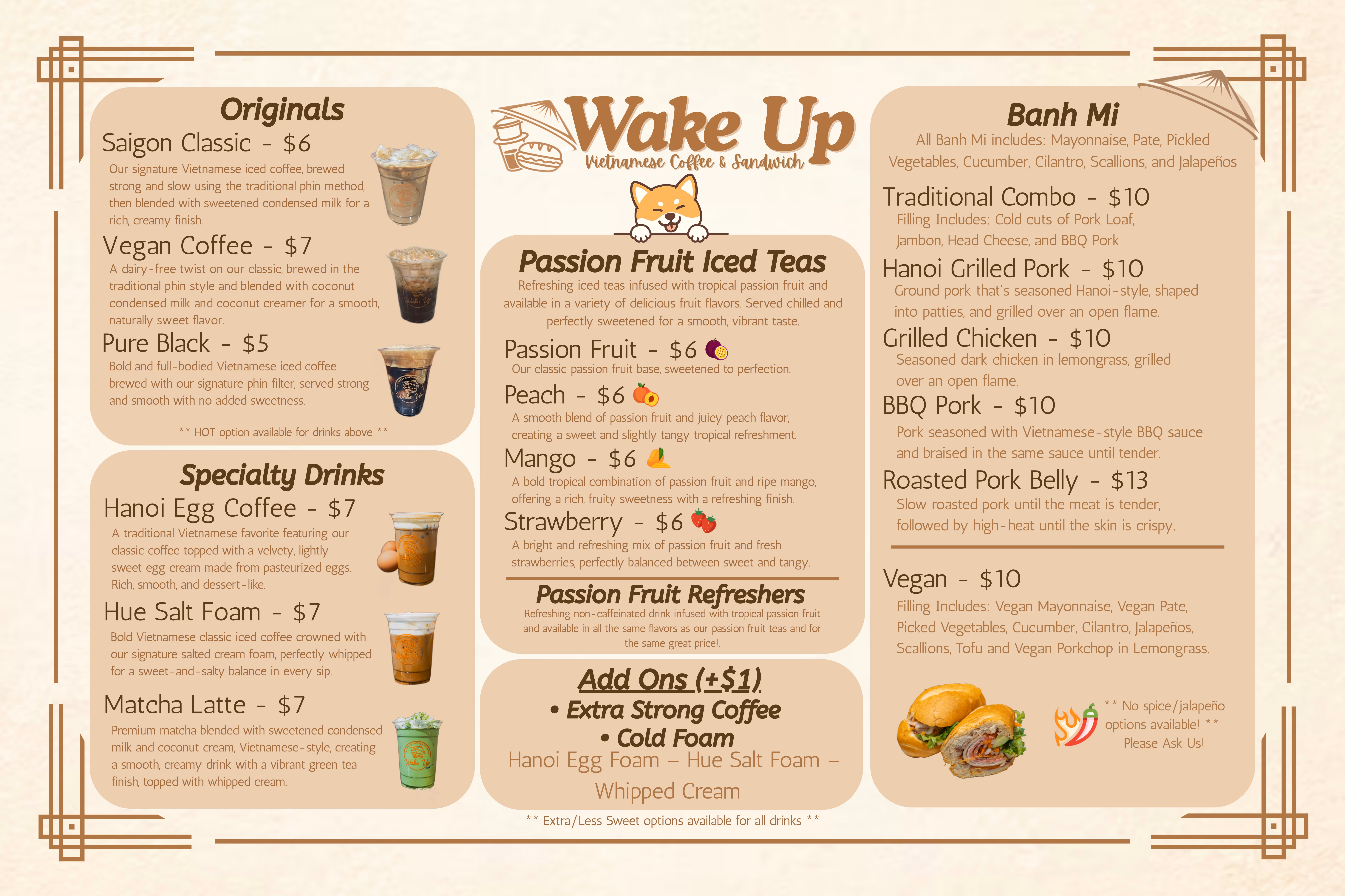 Wake Up Vietnamese Coffee & Sandwich menu featuring Originals like Saigon Classic and Vegan Coffee, Specialty Drinks including Hanoi Egg Coffee and Matcha Latte, Passion Fruit Iced Teas with flavors like Peach and Mango, and Banh Mi sandwiches with options such as Traditional Combo, Hanoi Grilled Pork, and Vegan.