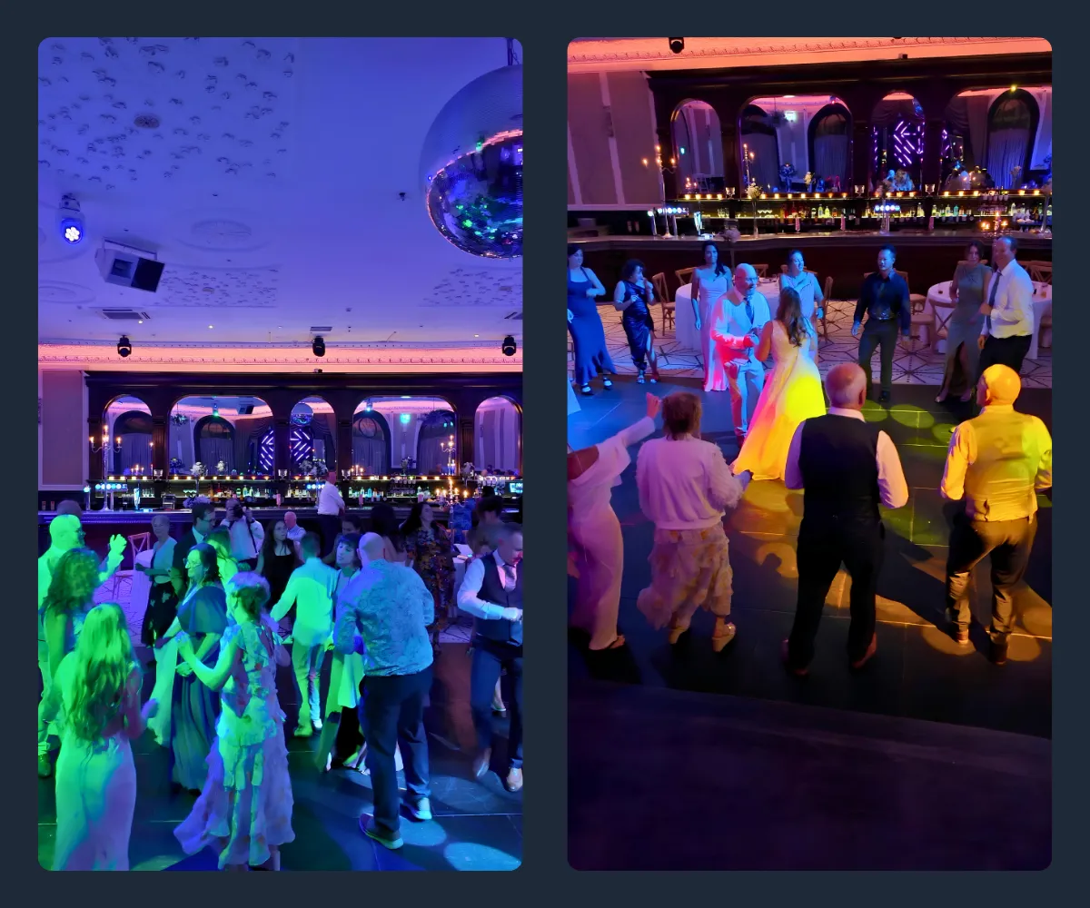 Wedding reception dance floor lit by Brian Hennessy's DJ rig