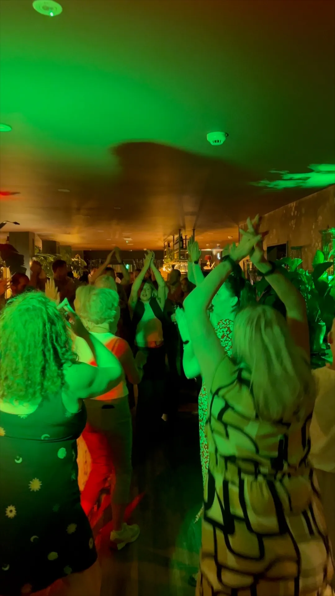 Birthday party guests dancing with hands in the air under colourful DJ lighting at Mountain View, Kilkenny.