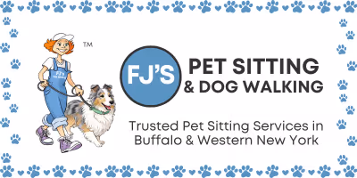 Logo for FJ'S Pet Sitting & Dog Walking featuring a woman walking a dog with paw prints border.