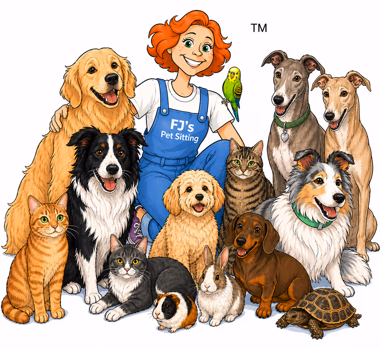 Illustration of a smiling woman in blue overalls with 'FJ's Pet Sitting' surrounded by various happy pets including dogs, cats, a rabbit, guinea pig, parakeet, and a turtle.