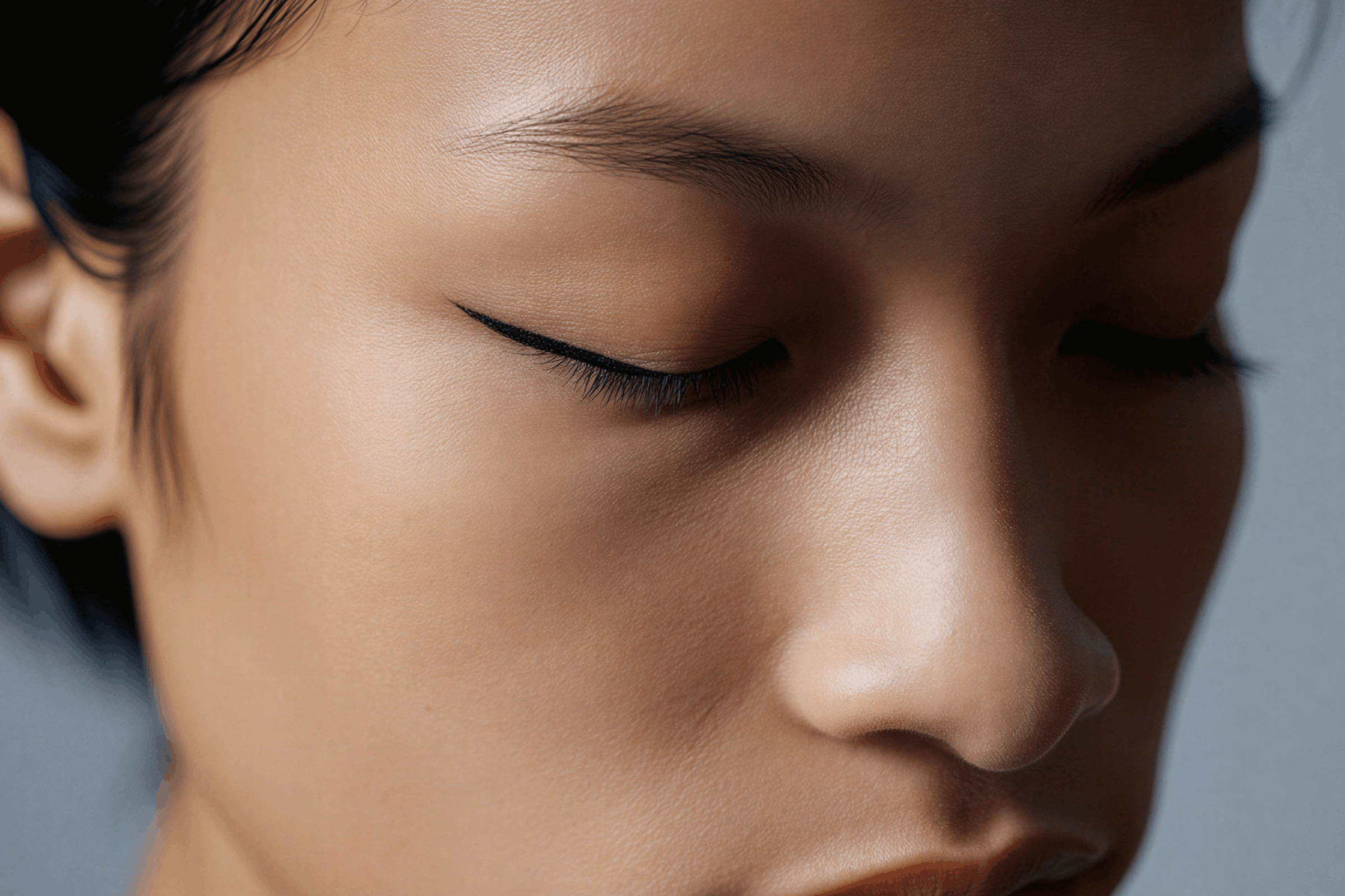 Close-up of smooth facial skin around the eye and cheek