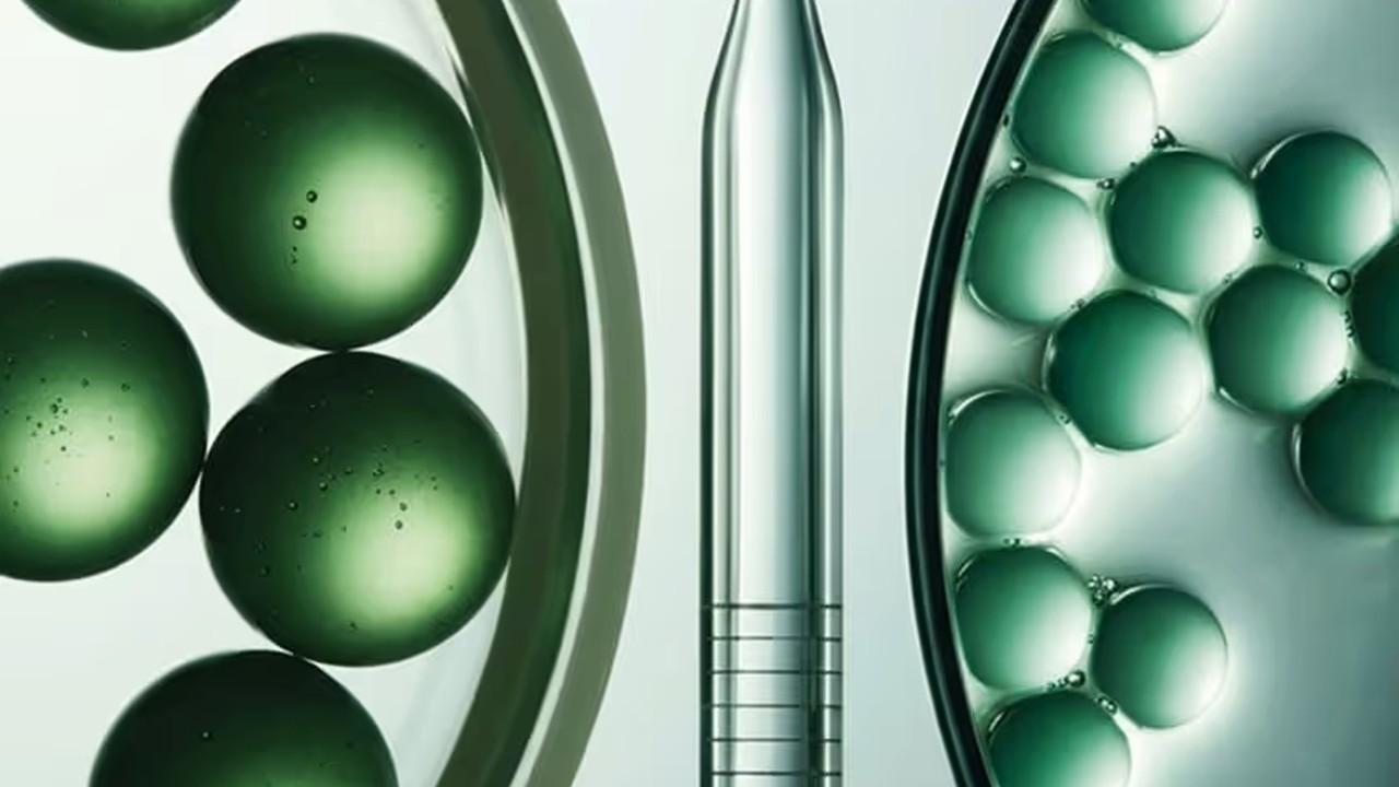 Green spheres and droplets in glass petri dishes either side of a laboratory pipette
