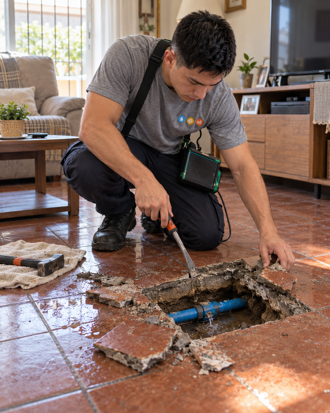 Técnico da Cazafugas abrindo o piso apenas no ponto exato do vazamento de água localizado