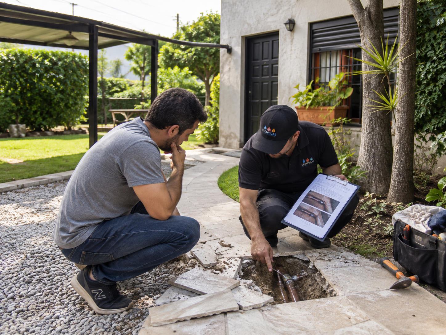 Técnico da Cazafugas explicando o laudo técnico de vazamento de água ao cliente no Rio de Janeiro