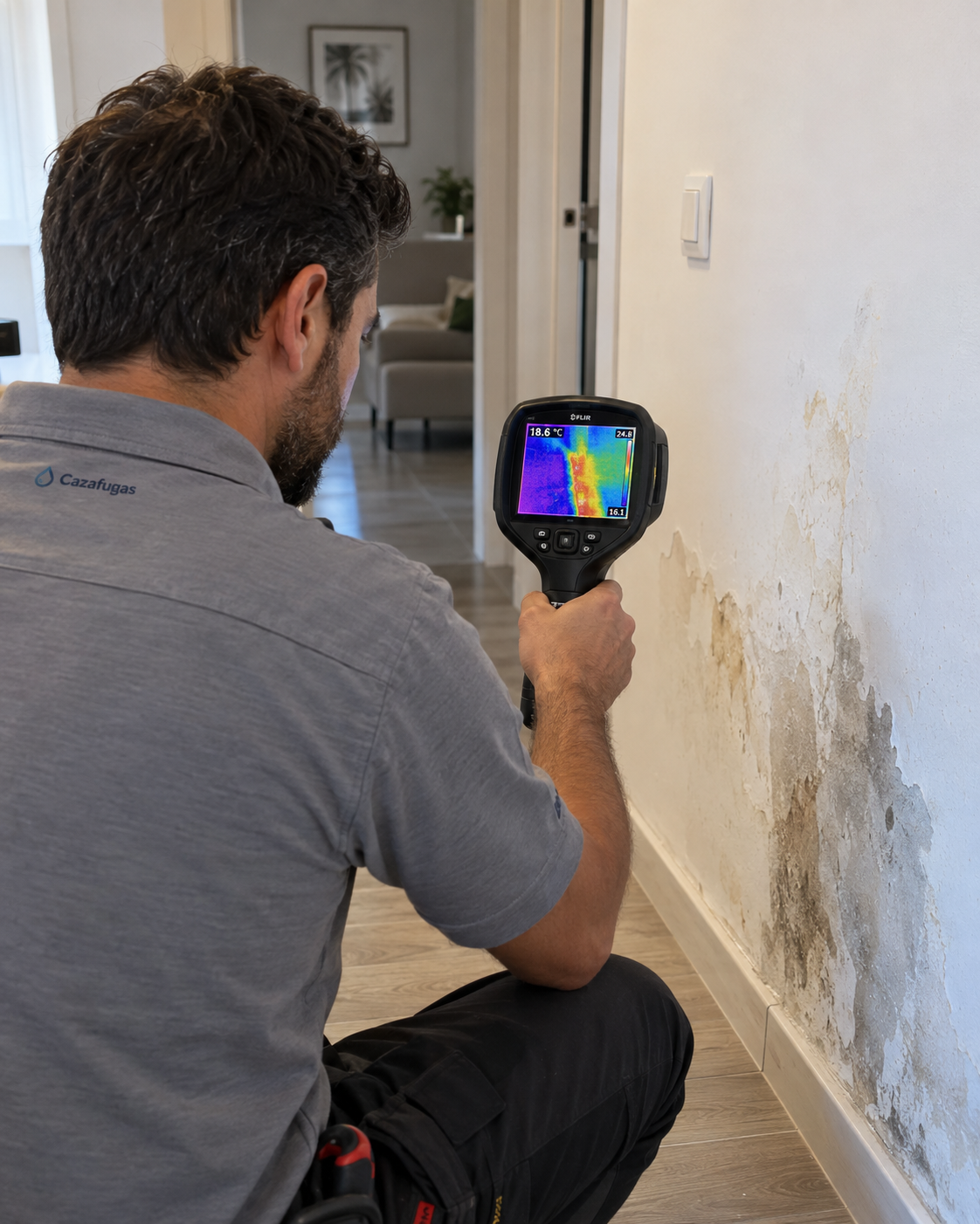 Termografia: técnico da Cazafugas com câmera térmica detectando umidade e vazamento de água na parede