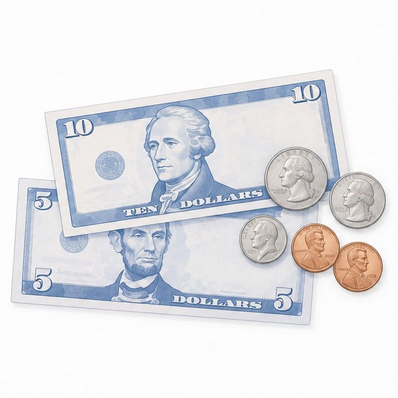 Change-making numeracy task with bills and coins