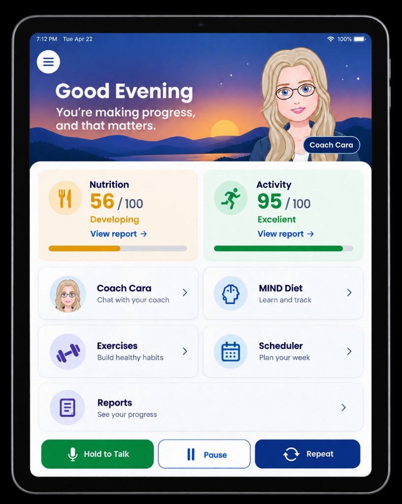 Coach Cara lifestyle home on a tablet with nutrition and activity scores