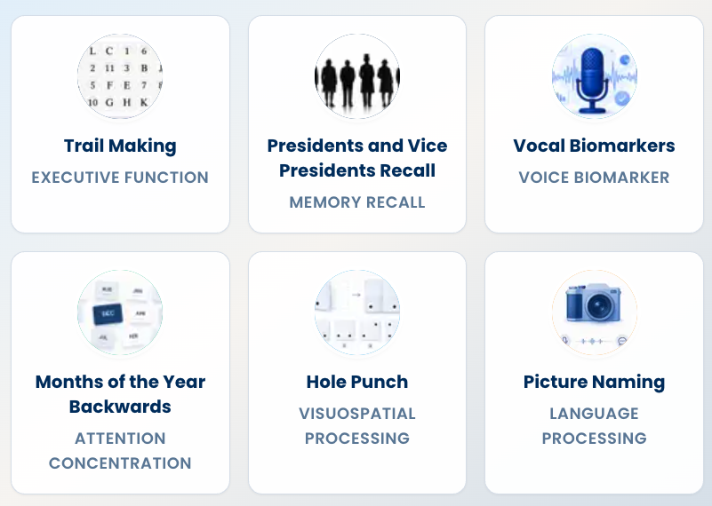 Assessment modules including Trail Making and Vocal Biomarkers