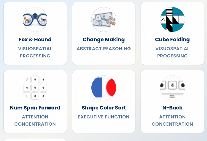 Assessment modules including Fox and Hound and N-Back