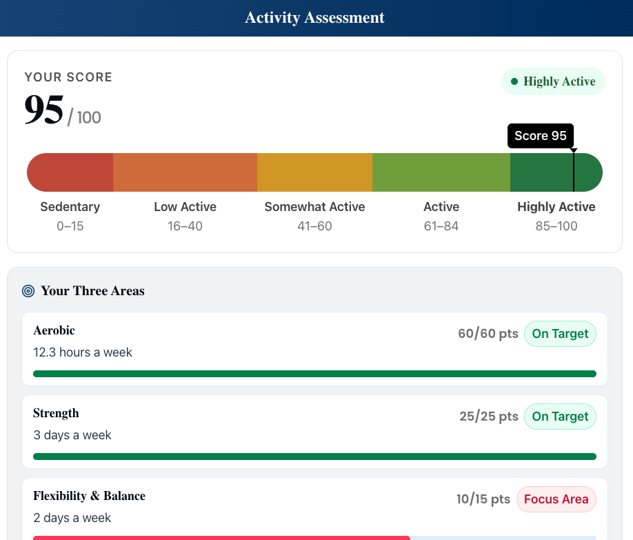 Activity assessment score of 95 with aerobic, strength, and flexibility areas