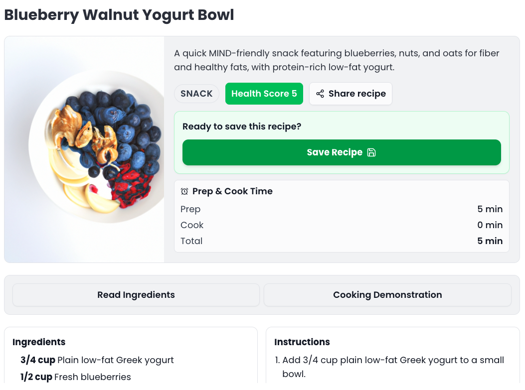 MIND-friendly recipe with save, ingredients, and cook time
