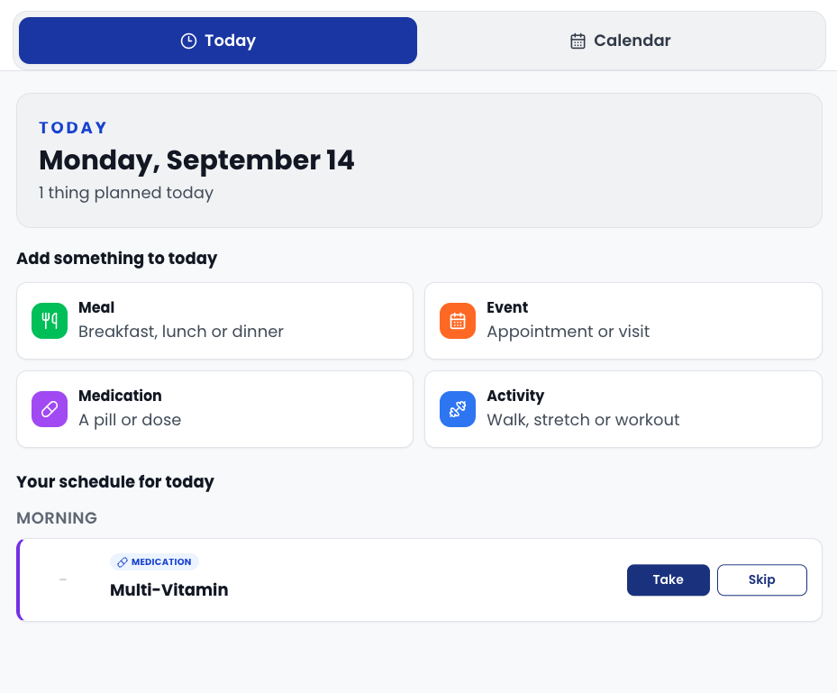 Today schedule with meal, event, medication, and activity shortcuts