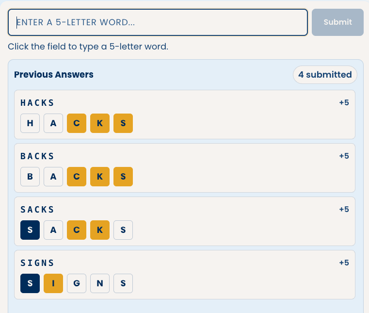 Five-letter word reasoning game with previous answers