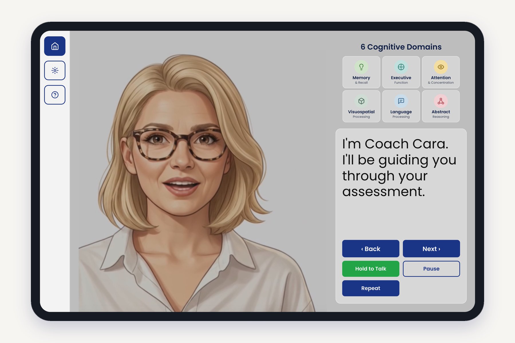 Coach Cara app on a tablet showing six cognitive domains and a welcome message