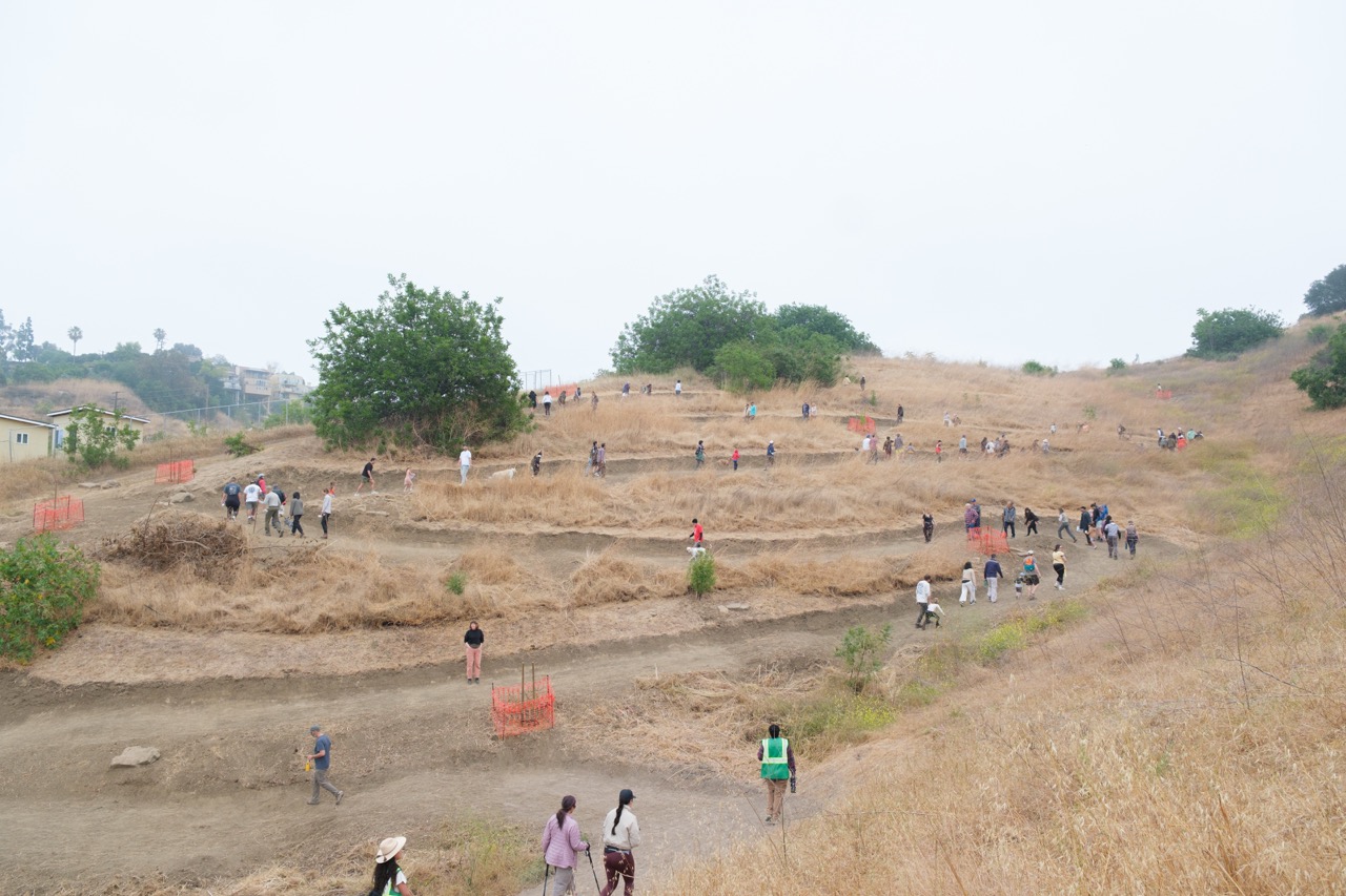groups of people hiking up the hill