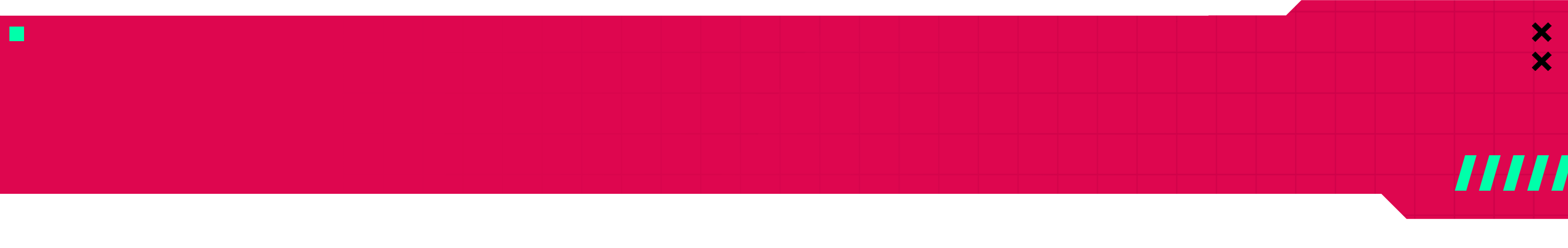 Pink rectangular graphic with small teal square on left and three black X marks on top right.