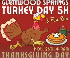 Glenwood Springs Turkey Day 5K & Fun Run flyer, Veltus Park, Glenwood Springs