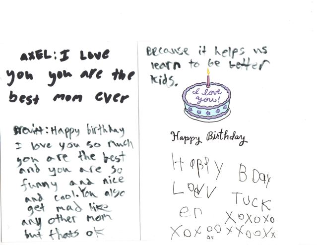 Inside of a homemade birthday card from the boys