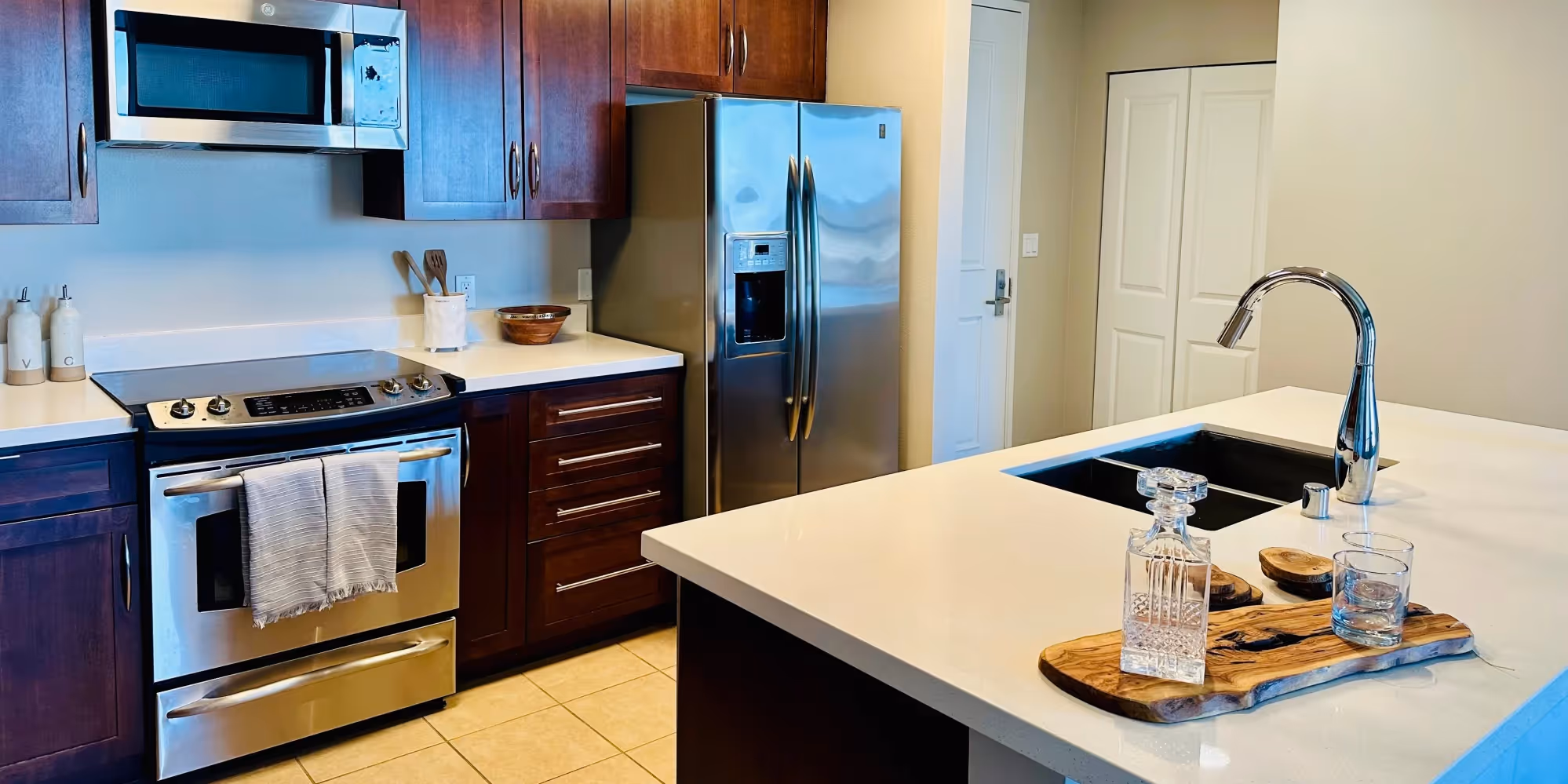 Kitchen with brown cabinets