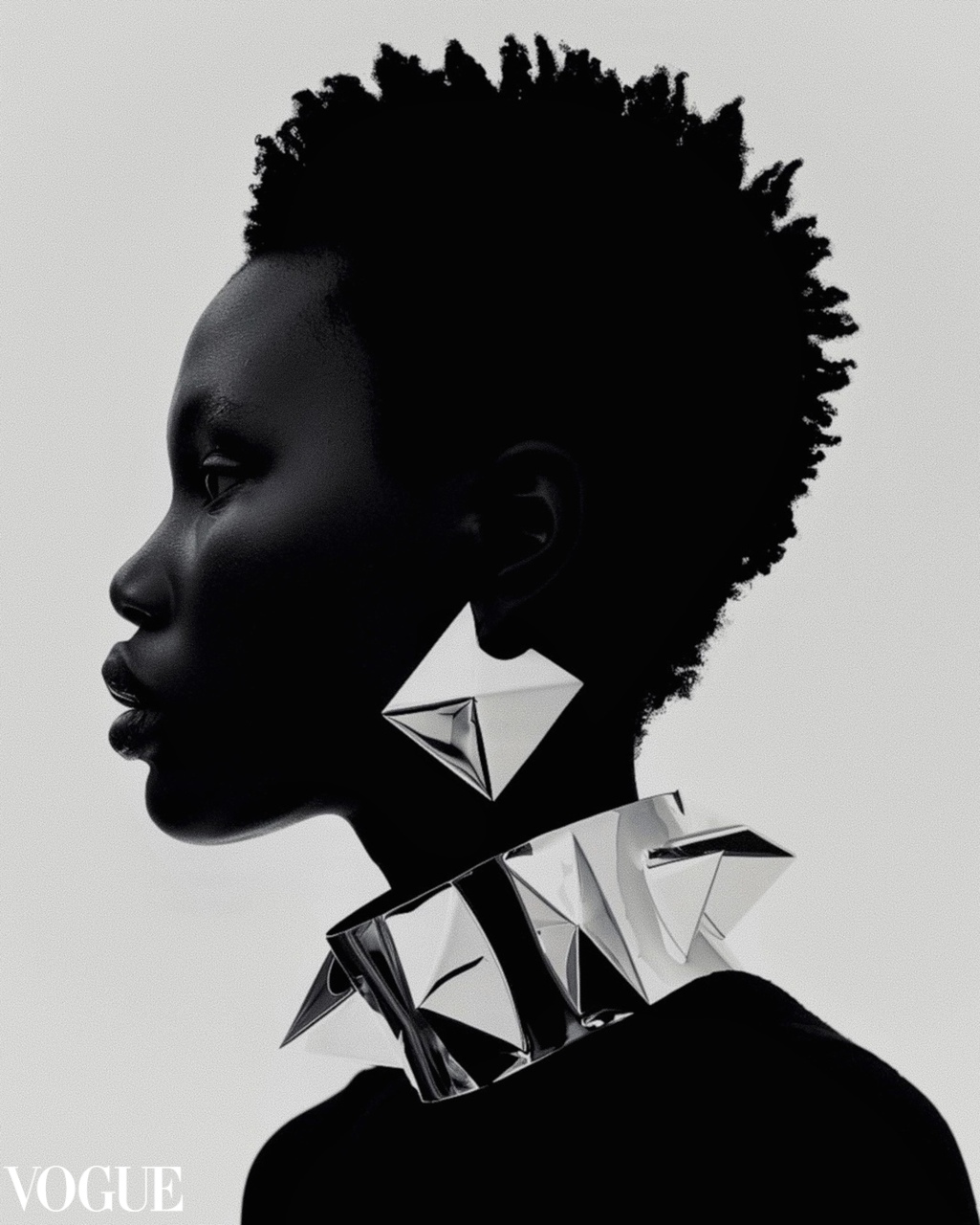 Profile of a dark-skinned person with short curly hair wearing large geometric silver earrings and a matching spiked silver collar.