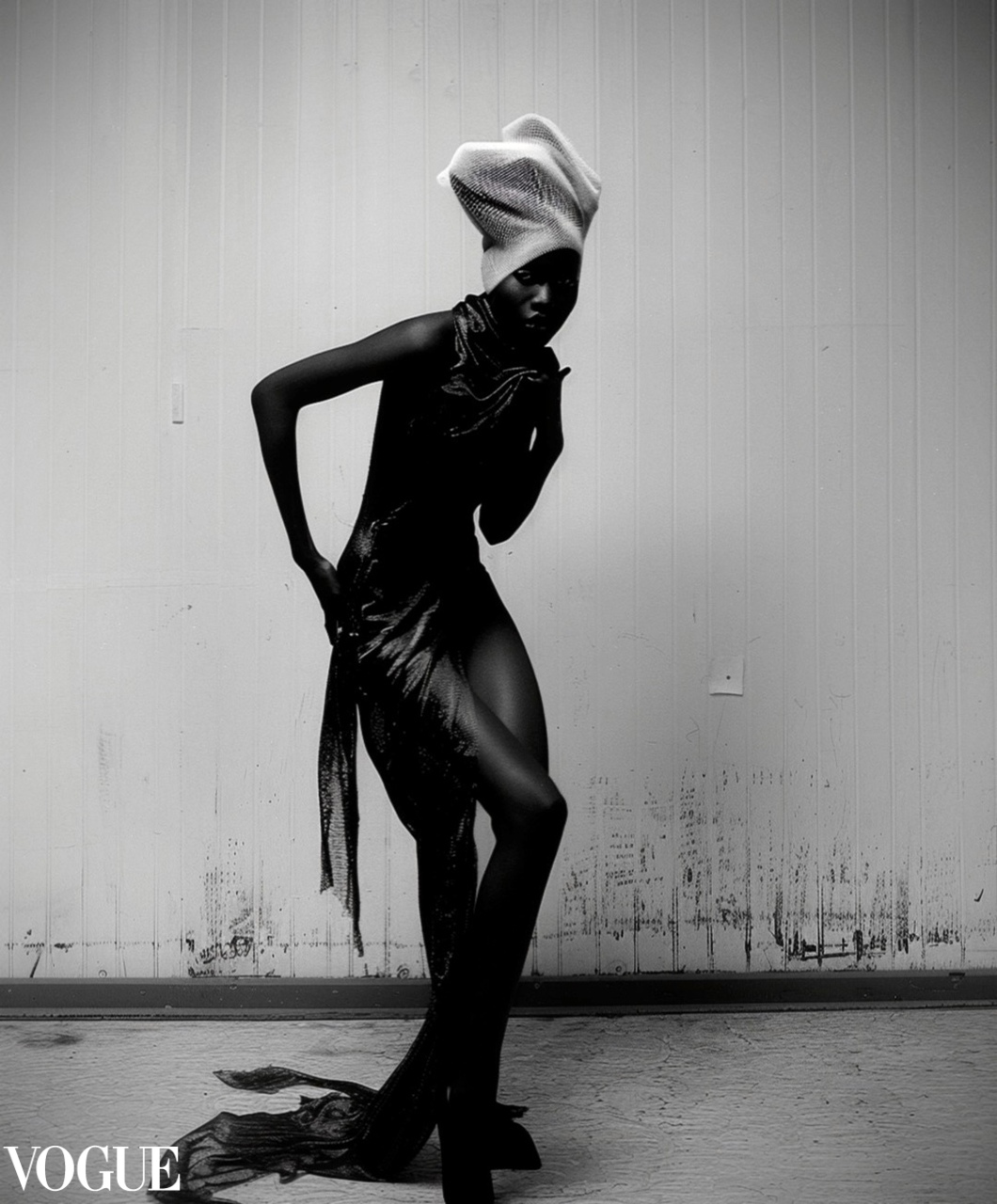 Black and white fashion photo of a model in a sheer dark dress with a high slit and a textured headwrap against a plain backdrop.