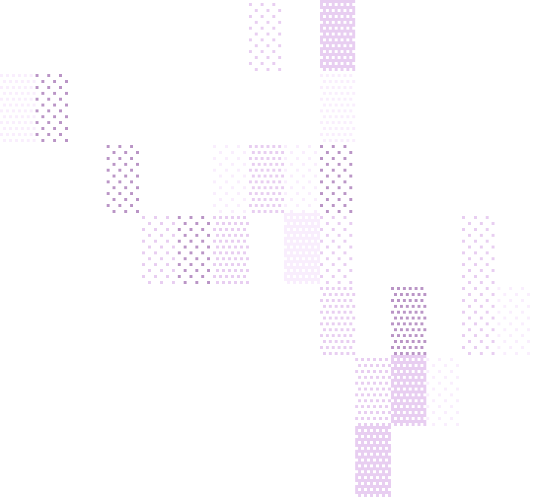 Abstract pattern of small purple and lavender squares forming larger rectangular shapes on a transparent background.