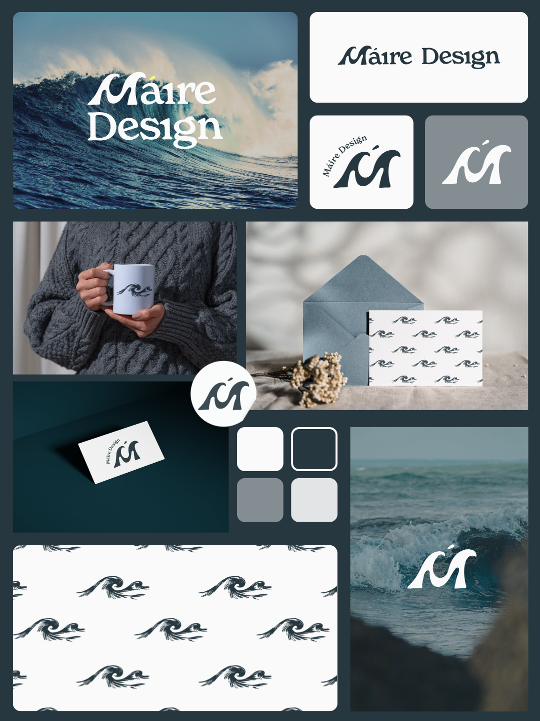 Ein Abschnitt des Brand Design von Máire Design mit Logovarianten, Pattern, Mockups und Co.