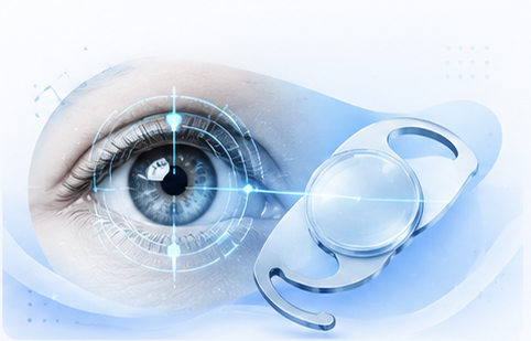 Eye scan and cataract lens surgery illustration