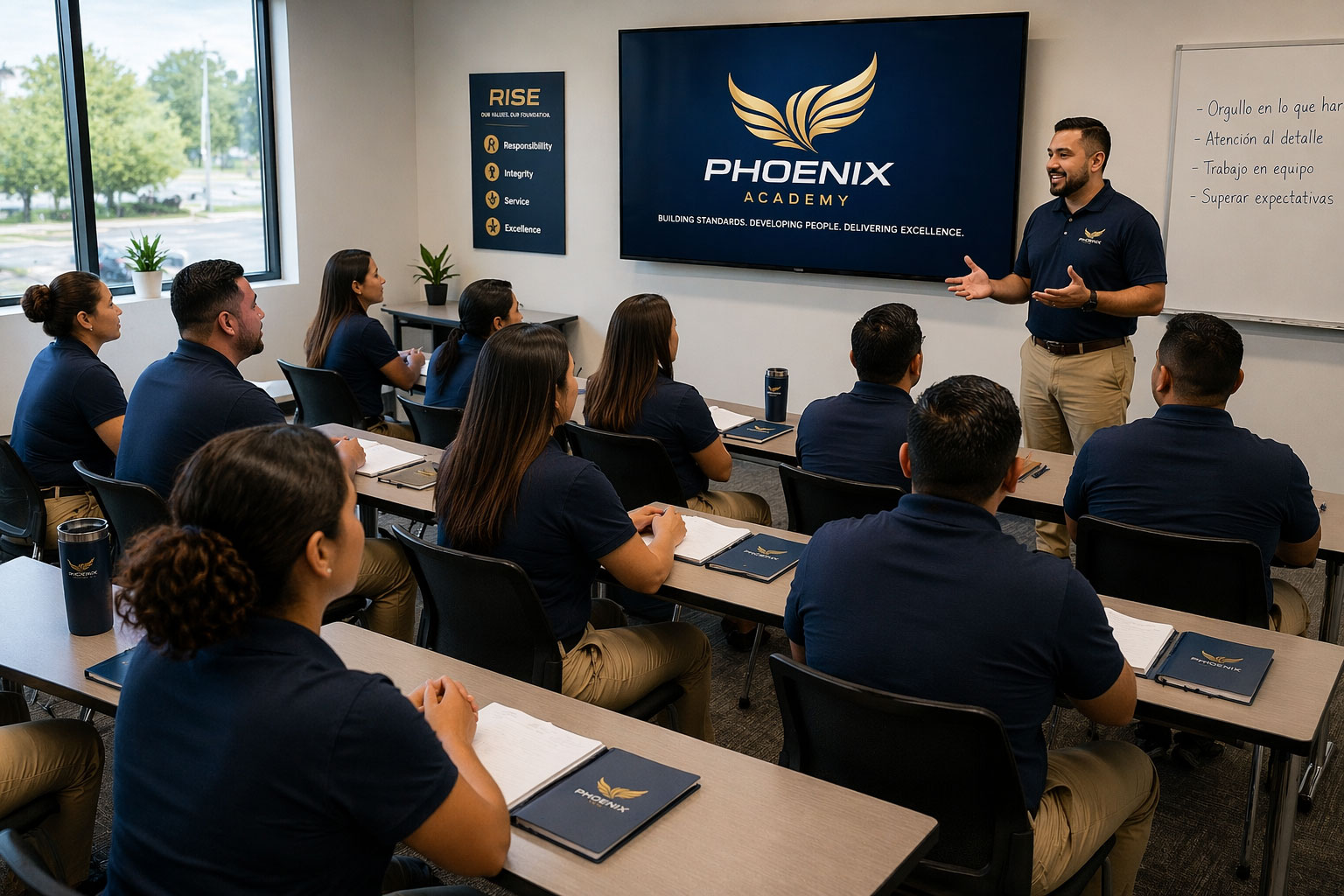 Instructor presenting to a classroom of attentive students wearing navy shirts and khaki pants at Phoenix Academy.