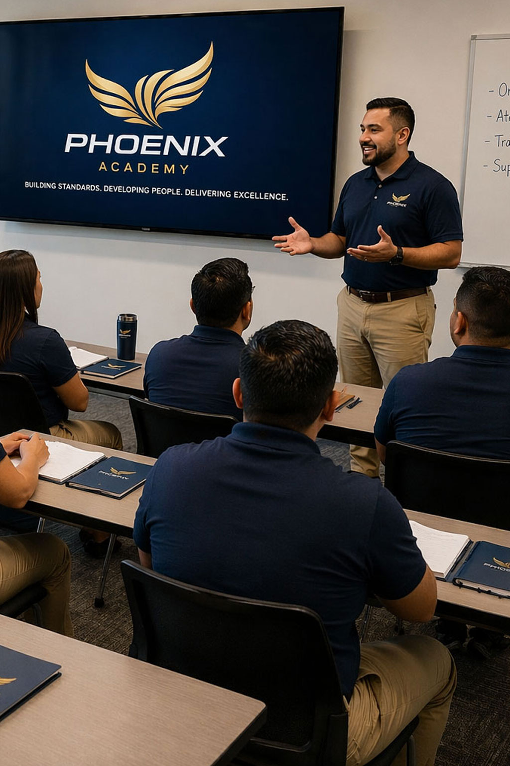 Instructor in navy polo shirt teaching a seated class of students in a Phoenix Academy training room.