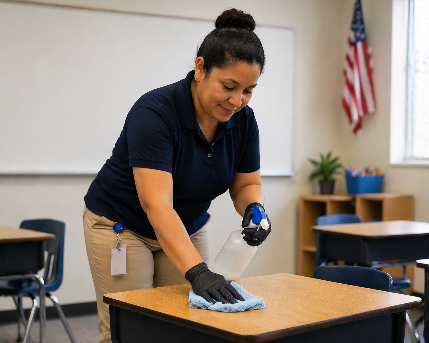 A woman in a navy shirt cleaning a wooden classroom desk with a spray bottle and cloth while wearing black gloves.