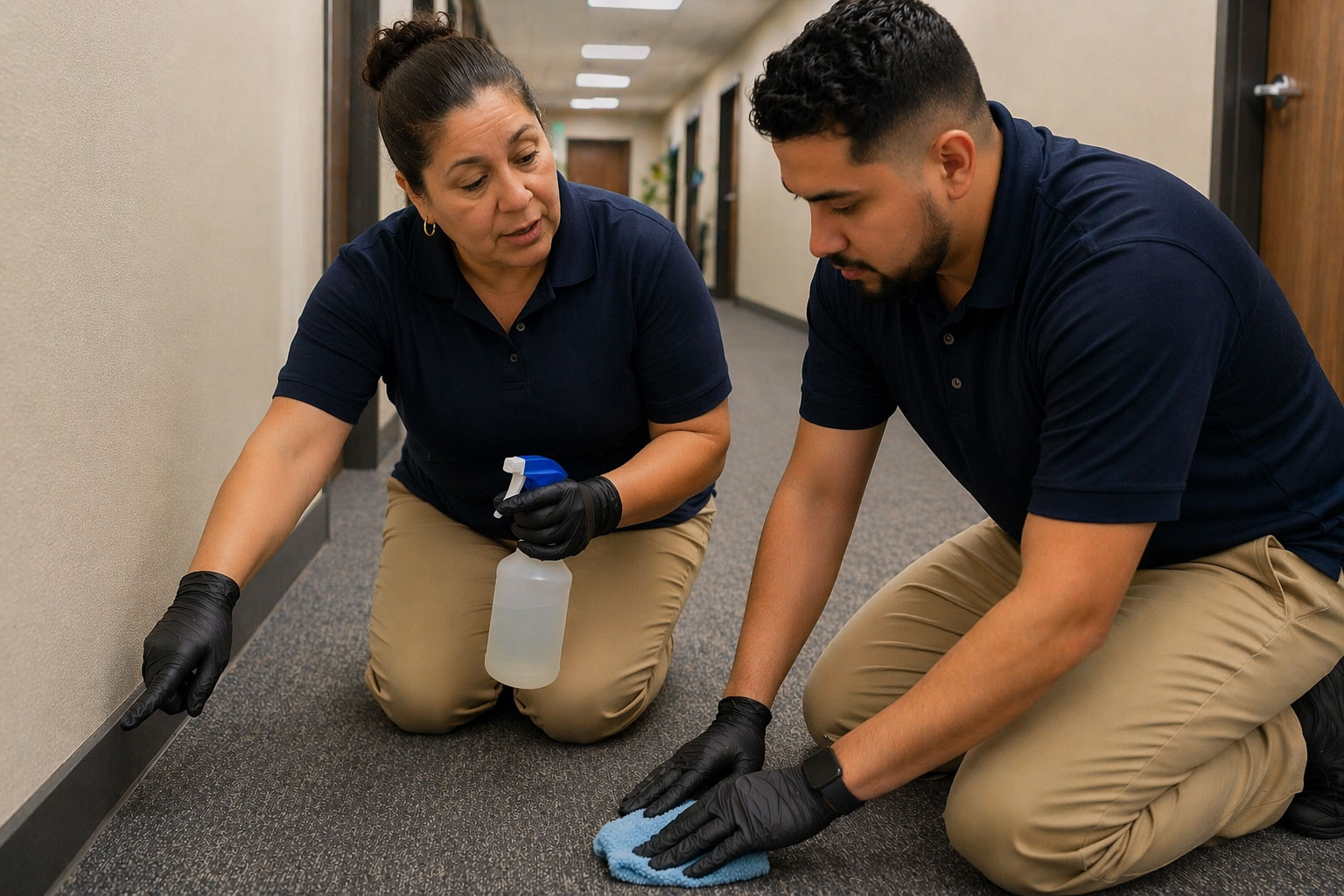 Two commercial cleaning professionals wearing black gloves and navy shirts kneeling in a hallway, one spraying cleaner and the other wiping the floor.