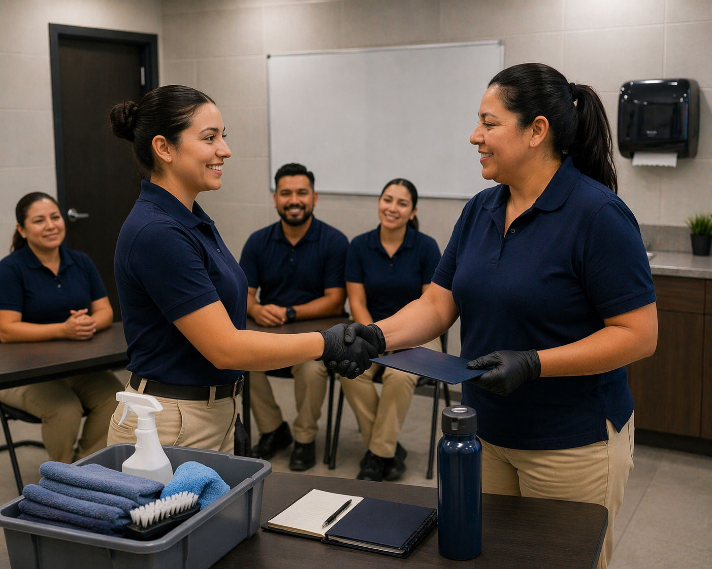 Two women in navy shirts and khaki pants shaking hands as one receives a certificate in a classroom setting with three seated colleagues watching.