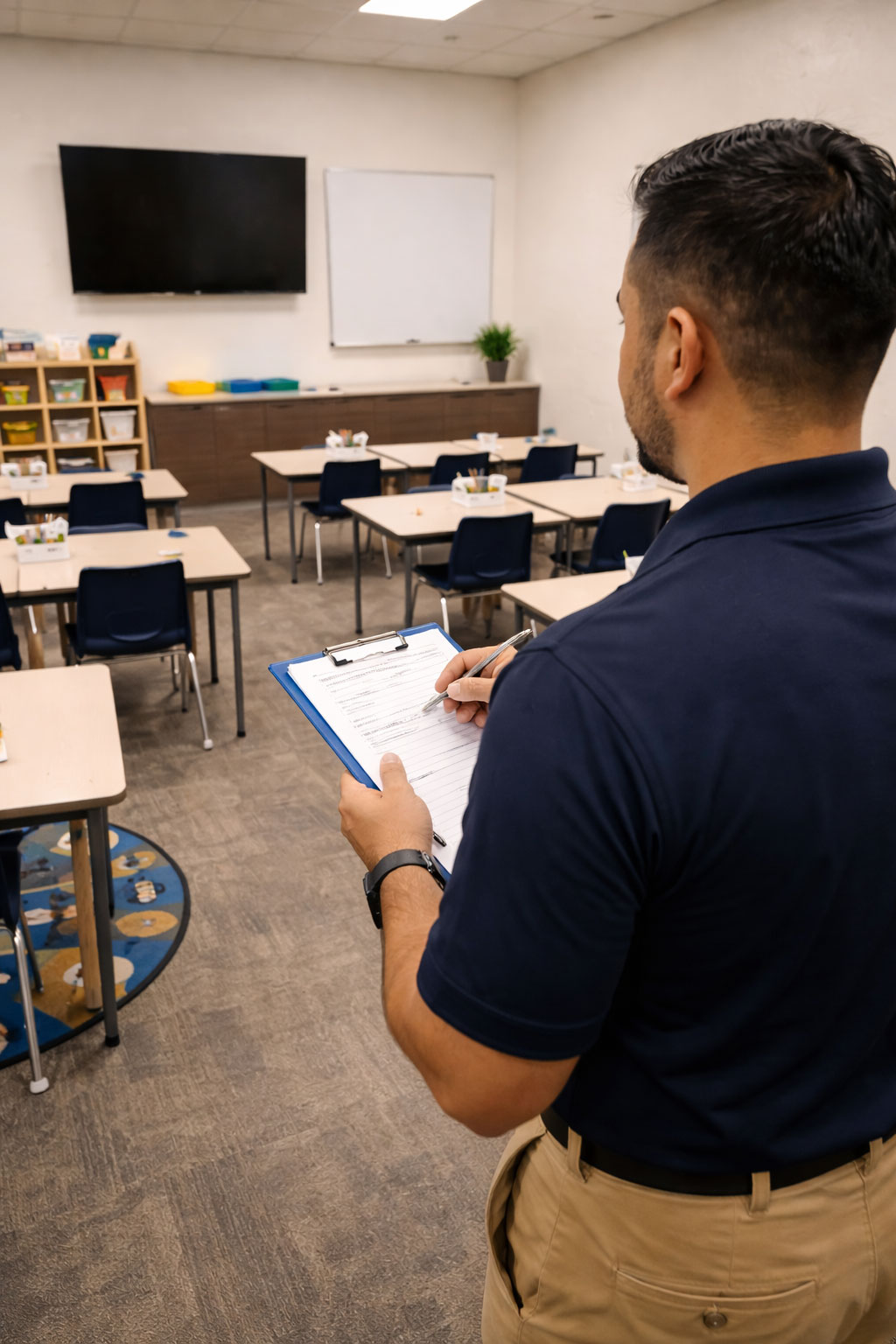 Man in navy polo holds pen and clipboard, inspecting an empty classroom with desks, chairs, TV, and whiteboard.