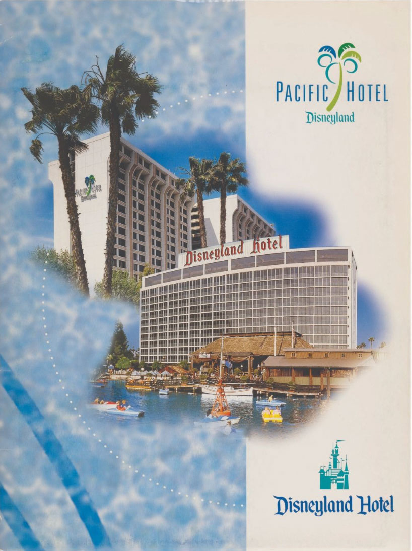 Vintage promotional image showing the Disneyland Hotel and Pacific Hotel buildings with palm trees and a boat-filled lagoon in front.
