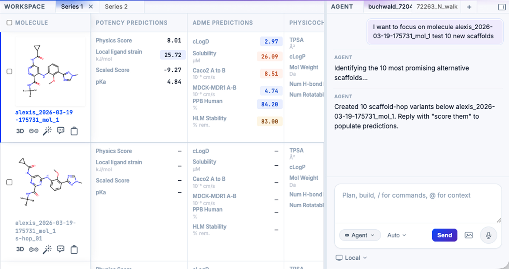 GEMS prompt to test 10 new scaffolds with resulting molecule variants showing empty prediction fields awaiting scoring