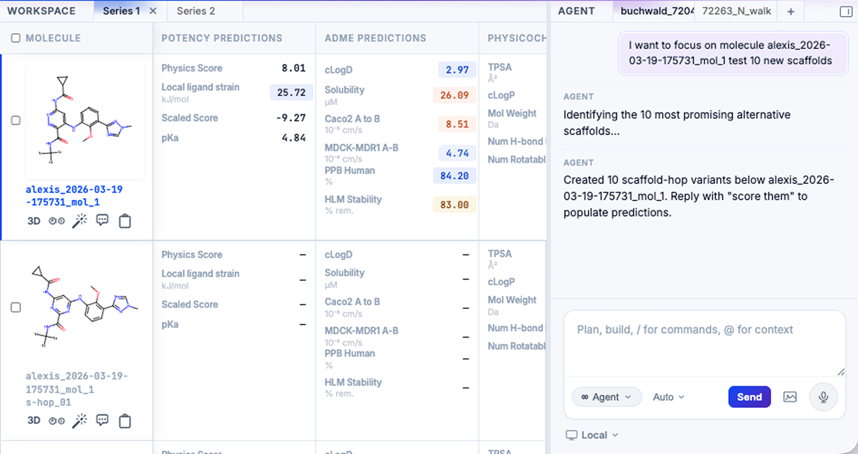 GEMS prompt to test 10 new scaffolds with resulting molecule variants showing empty prediction fields awaiting scoring