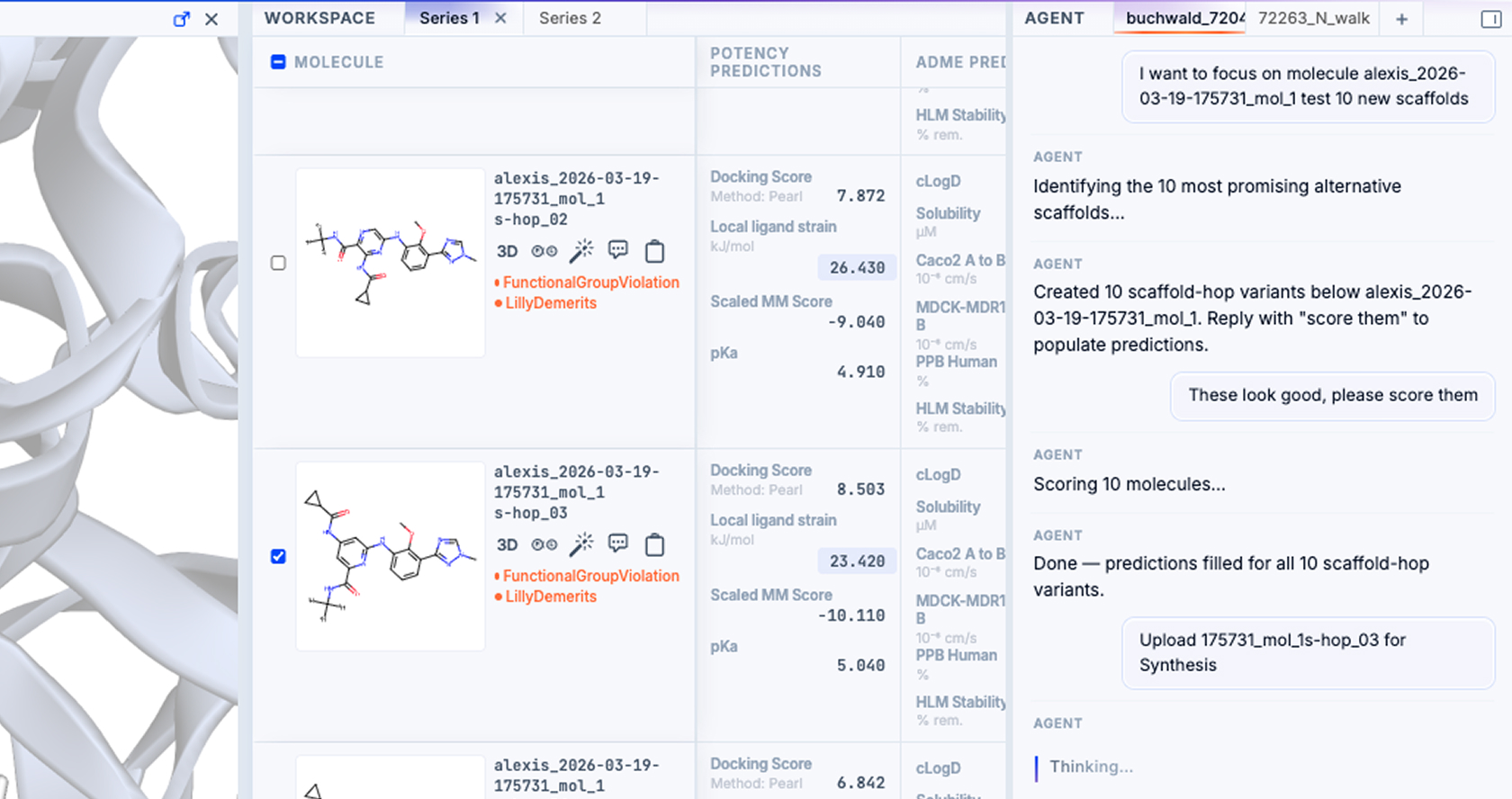 GEMS agent conversation showing a chemist's prompt to upload a selected molecule for synthesis