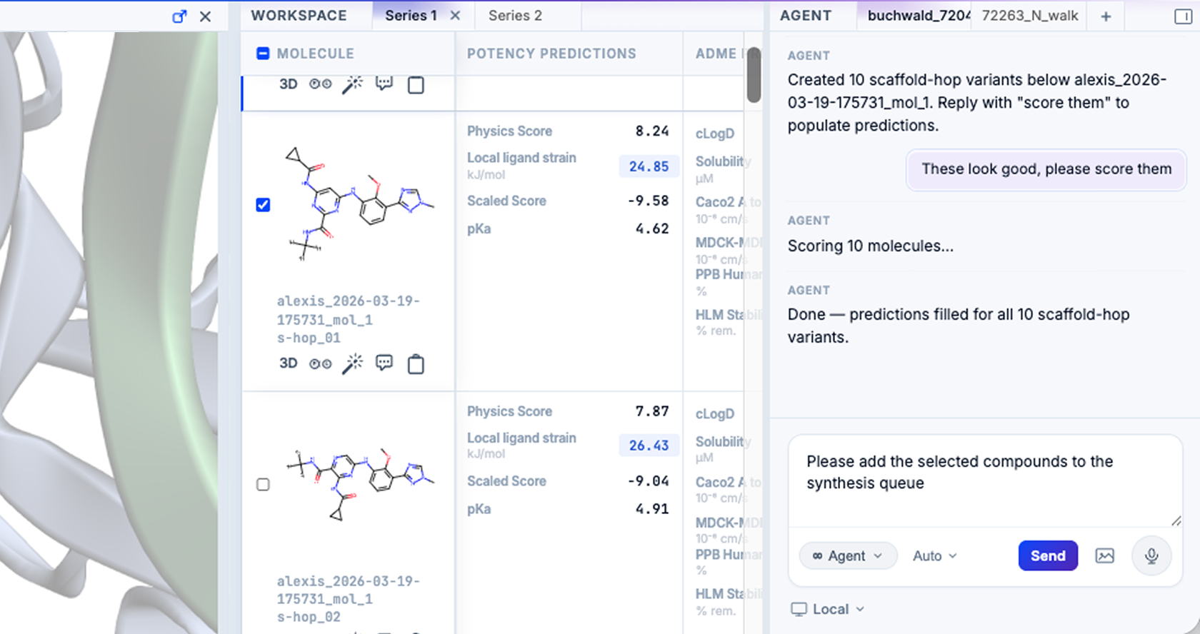GEMS agent conversation showing a chemist's prompt to upload a selected molecule for synthesis