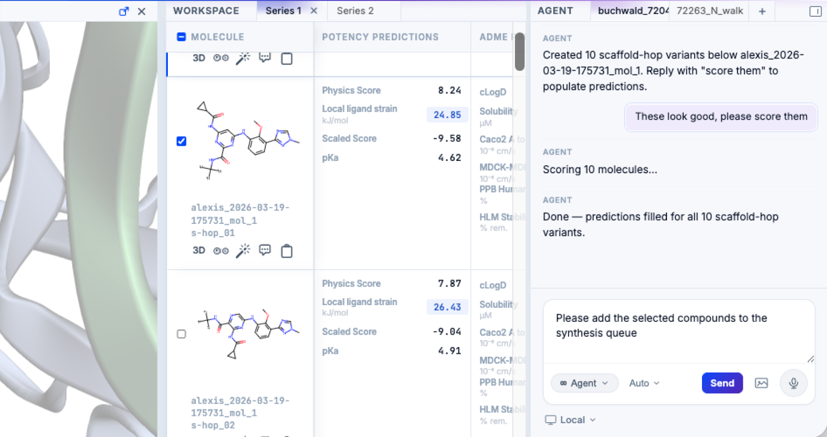 GEMS agent conversation showing a chemist's prompt to upload a selected molecule for synthesis
