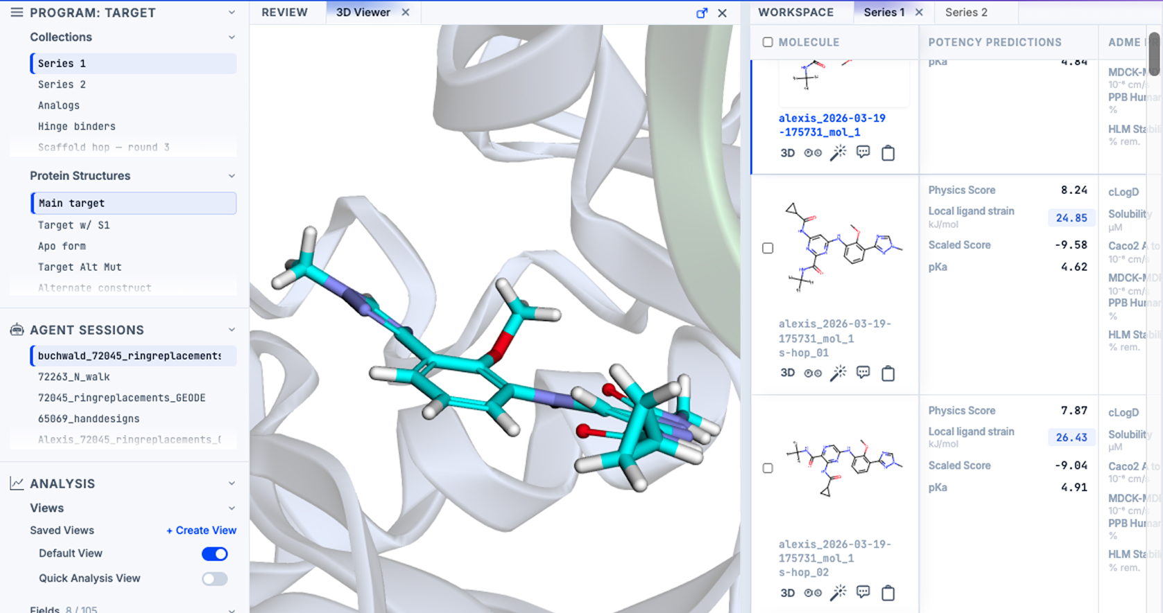 GEMS 3D protein viewer alongside molecule workspace, letting chemists compare prediction values while inspecting structures