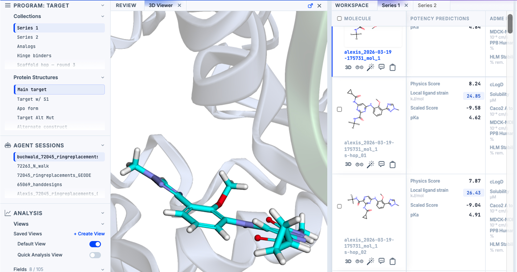 GEMS 3D protein viewer alongside molecule workspace, letting chemists compare prediction values while inspecting structures
